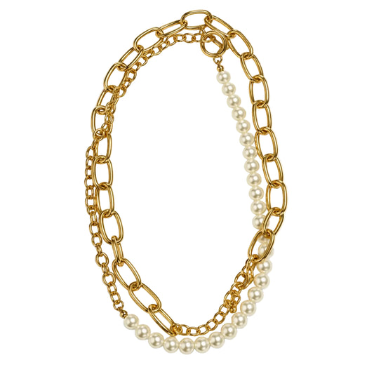 Upright gold-tone double-chain necklace with mixed links and ivory pearl-style beads