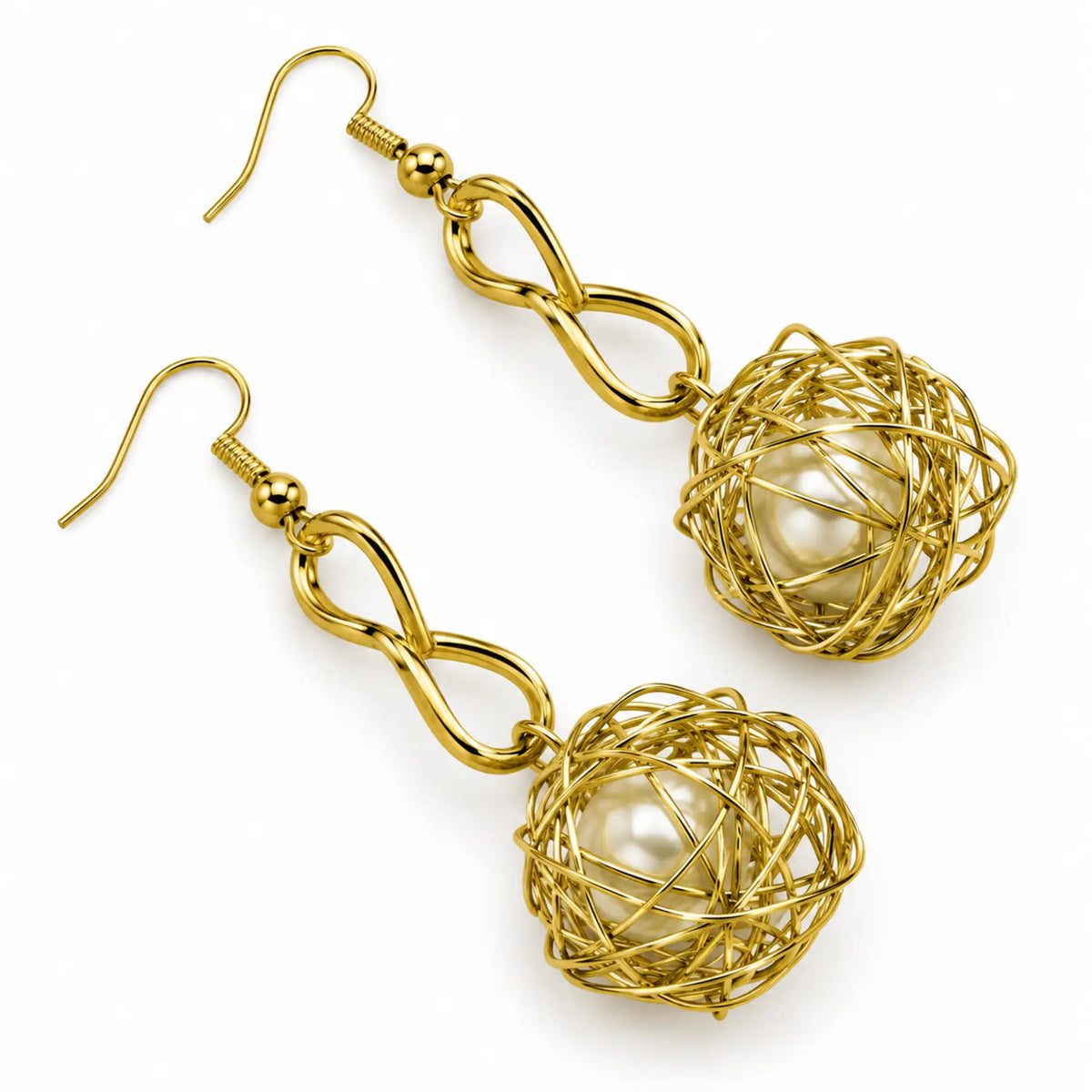 Gold-tone wire-cage pearl drop earrings, detail view