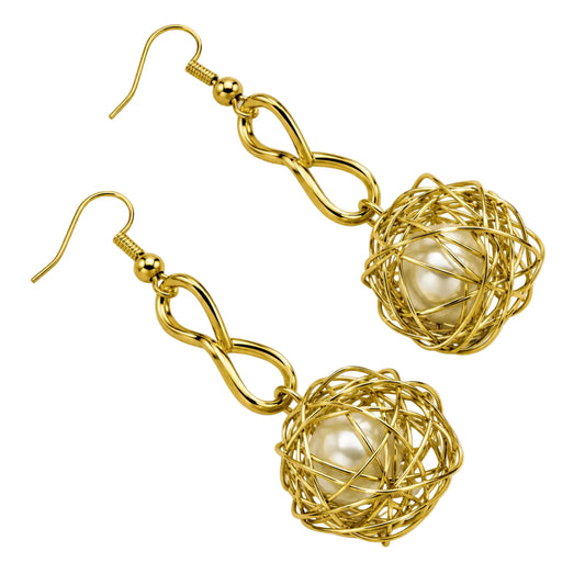 Gold-tone wire-cage pearl drop earrings, detail view