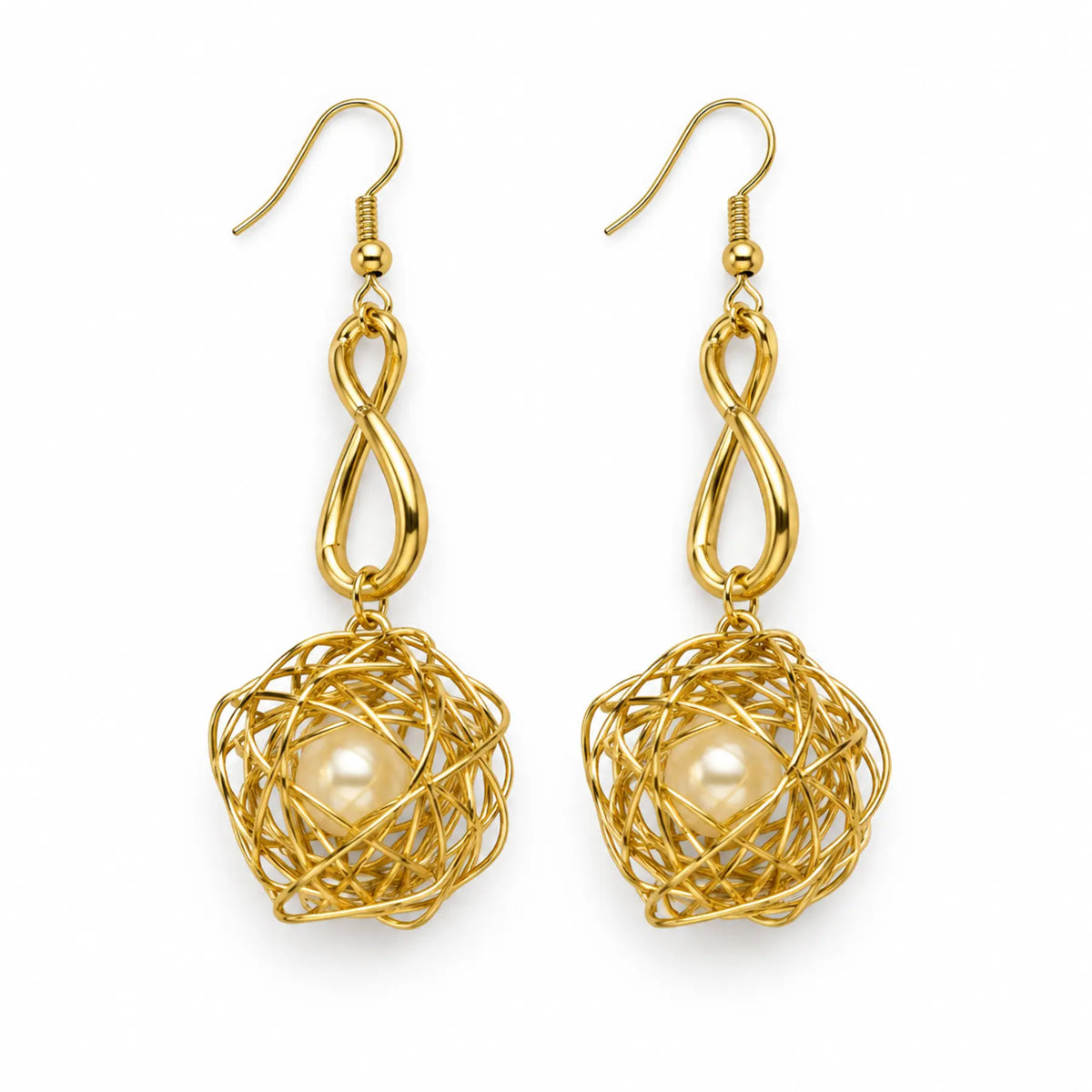 Gold-tone wire-cage pearl drop earrings, front view