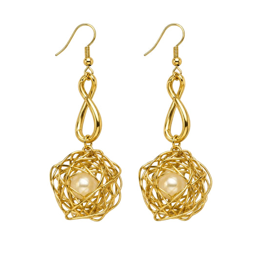 Gold-tone wire-cage pearl drop earrings, front view