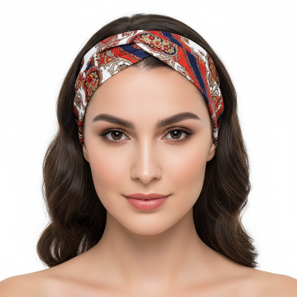 Woman wearing a patterned headband on a white background