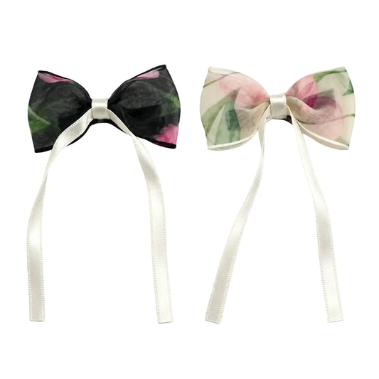 Kids dark and light floral organza ribbon bow hair clips, mixed pair