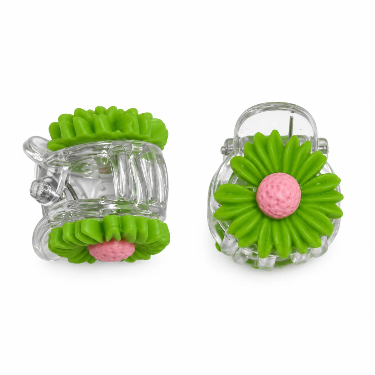 Kids flower mini claw hair clip pair in green with pink centers