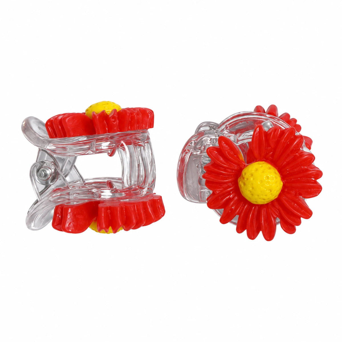 Kids flower mini claw hair clip pair in red with yellow centers