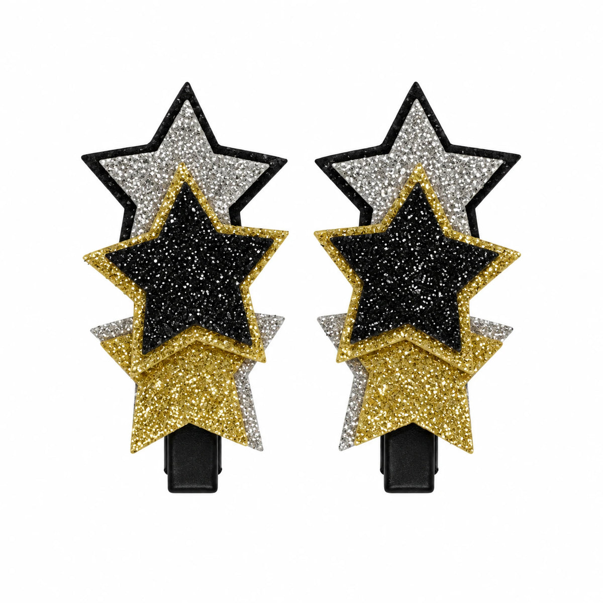 Kids glitter star hair clips pair in gold, silver and black
