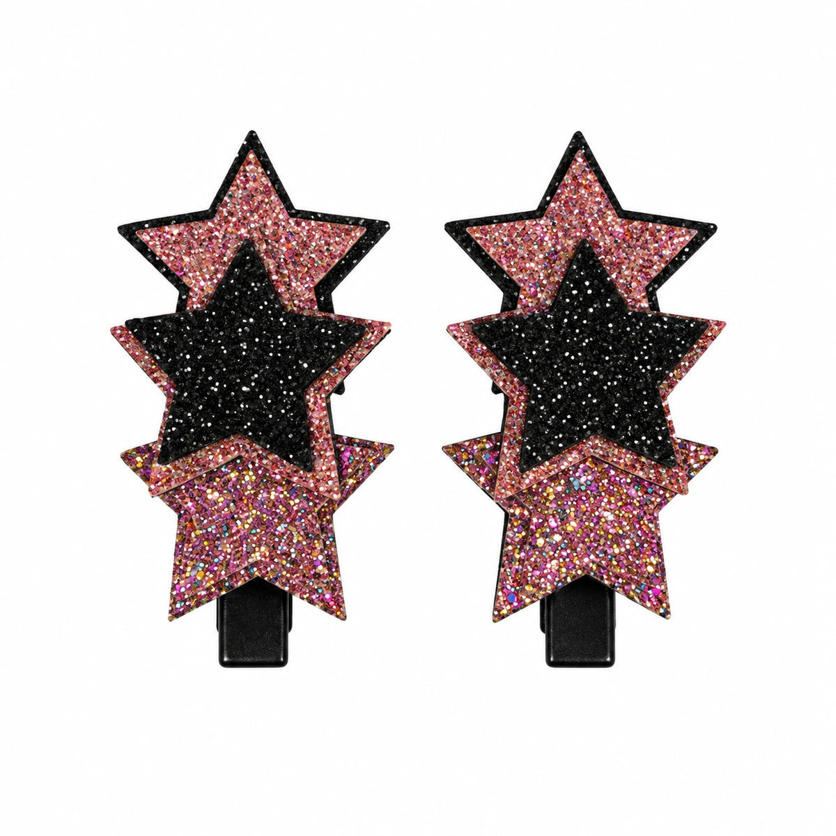 Kids glitter star hair clips pair in pink and black
