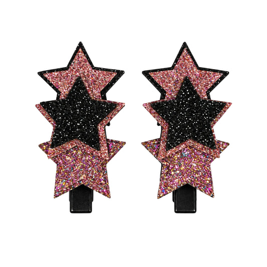 Kids glitter star hair clips pair in pink and black