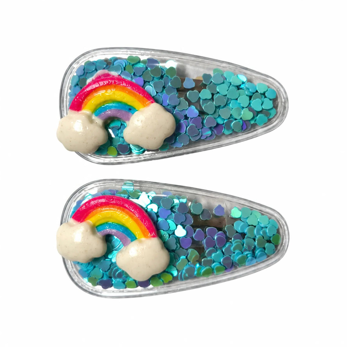Kids rainbow cloud sequin snap hair clips, matching pair