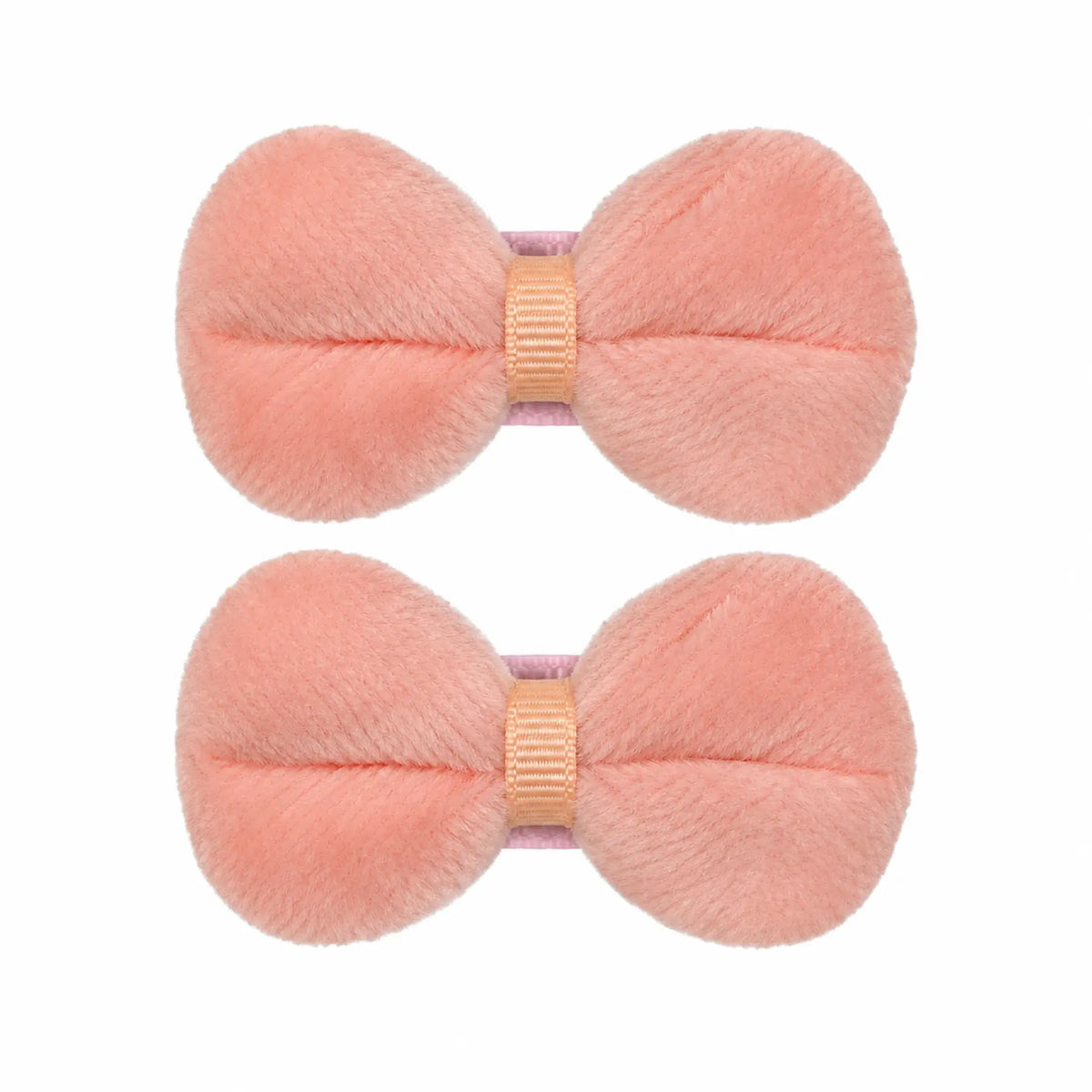 Kids peach soft velvet bow hair clips, matching pair
