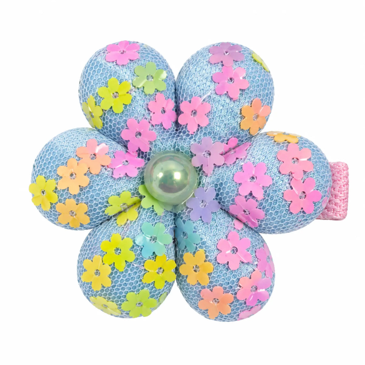 Light blue floral mesh flower hair clip with pastel sequins