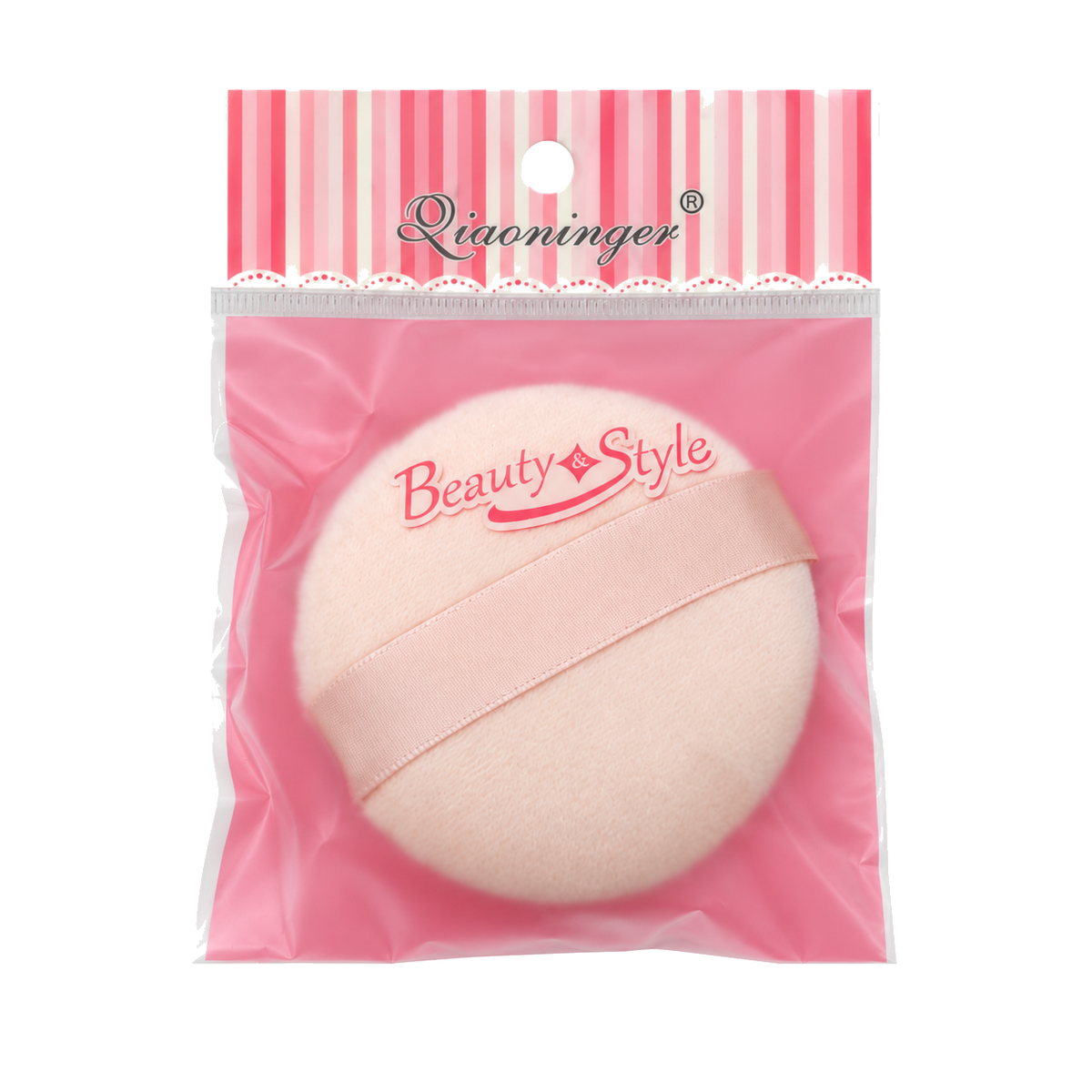 Migant beige cosmetic makeup sponge in pink packaging