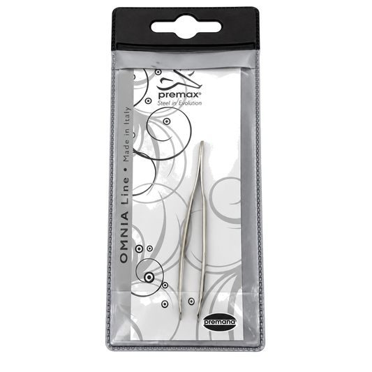 Migant stainless steel slanted tweezers in black packaging