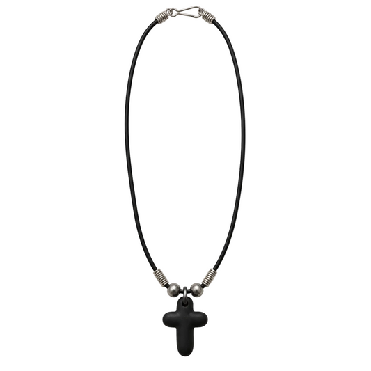 Migant men's black cord necklace with matte black cross pendant