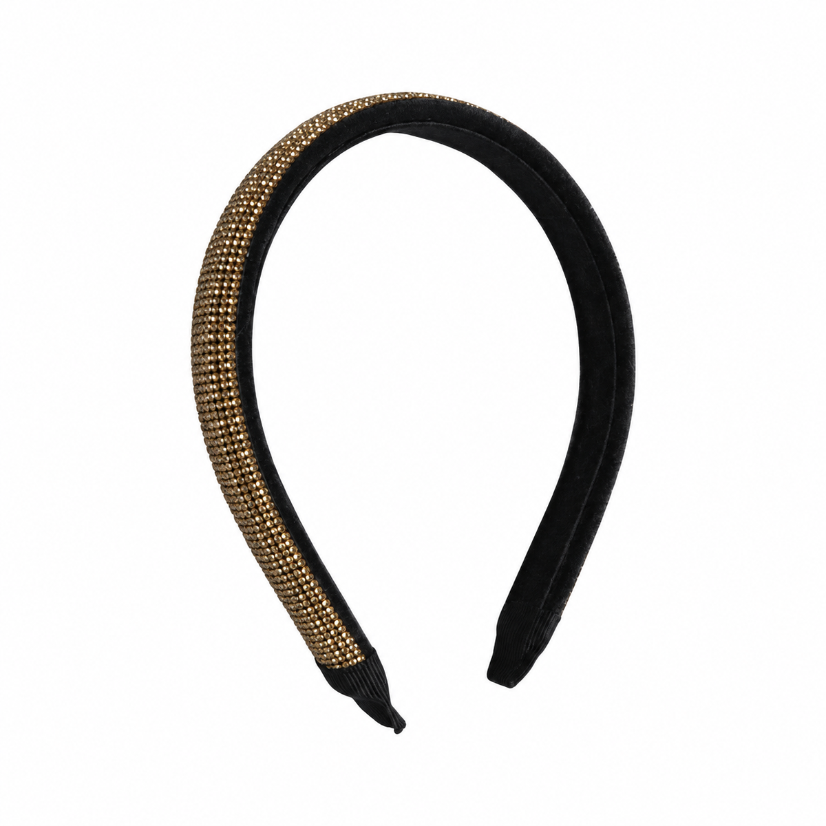 Migant black and gold rhinestone headband front view