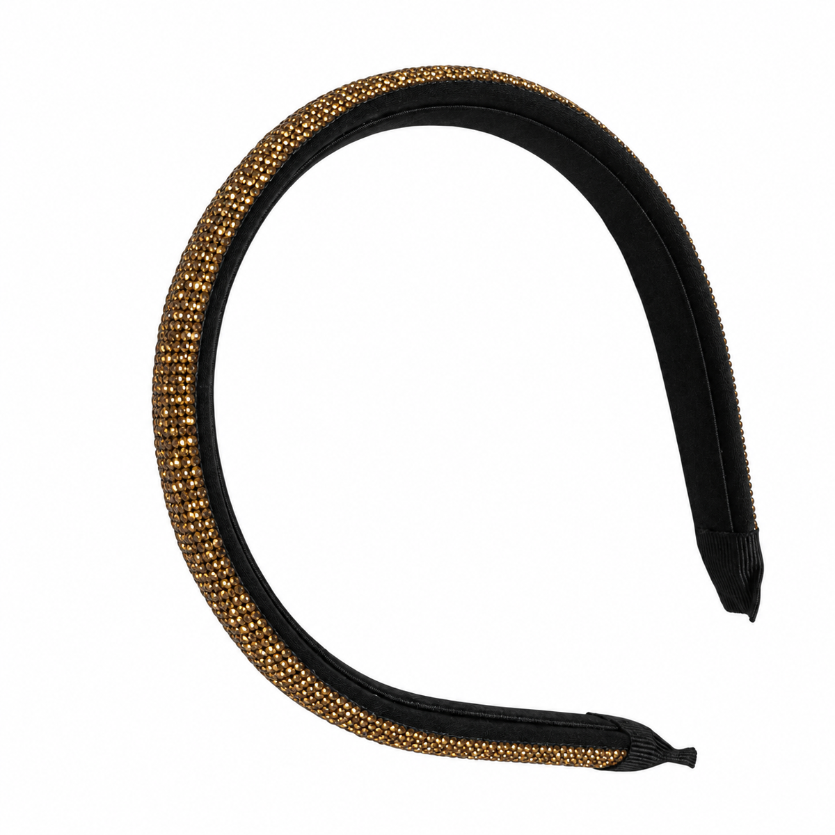 Migant black and gold rhinestone headband angled view