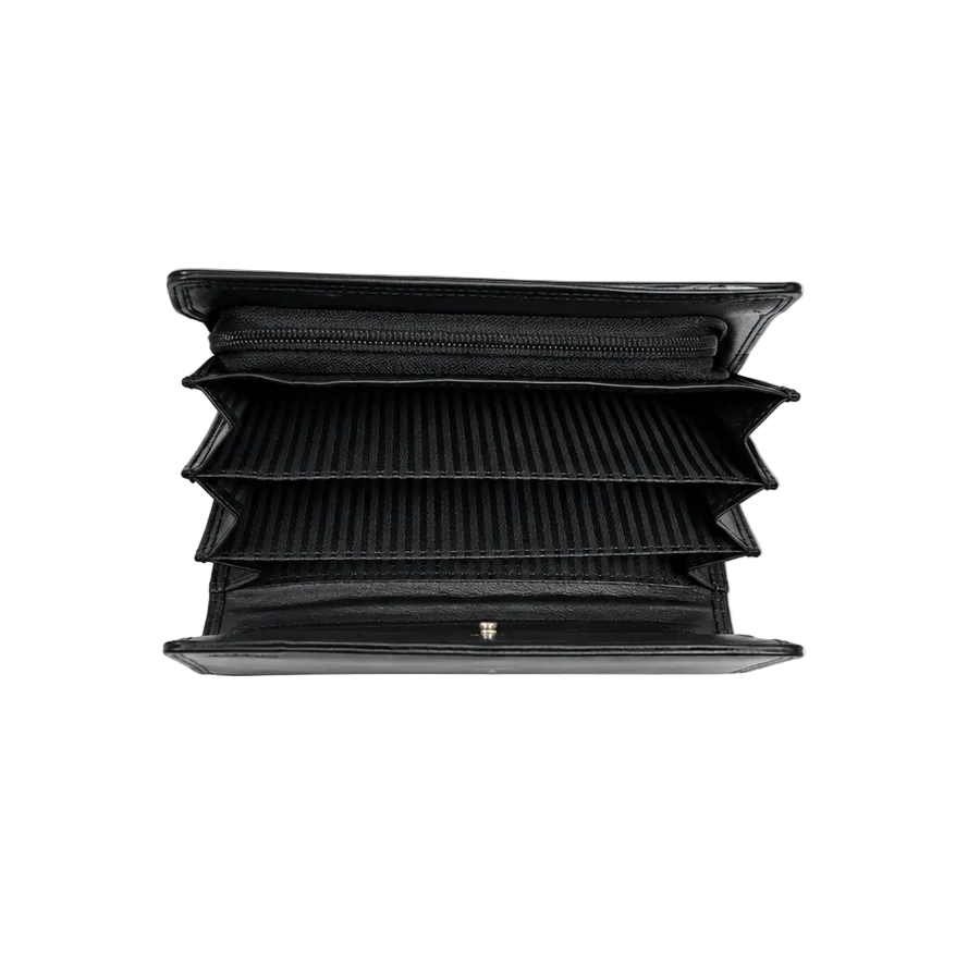 Migant women's black long wallet open with accordion compartments