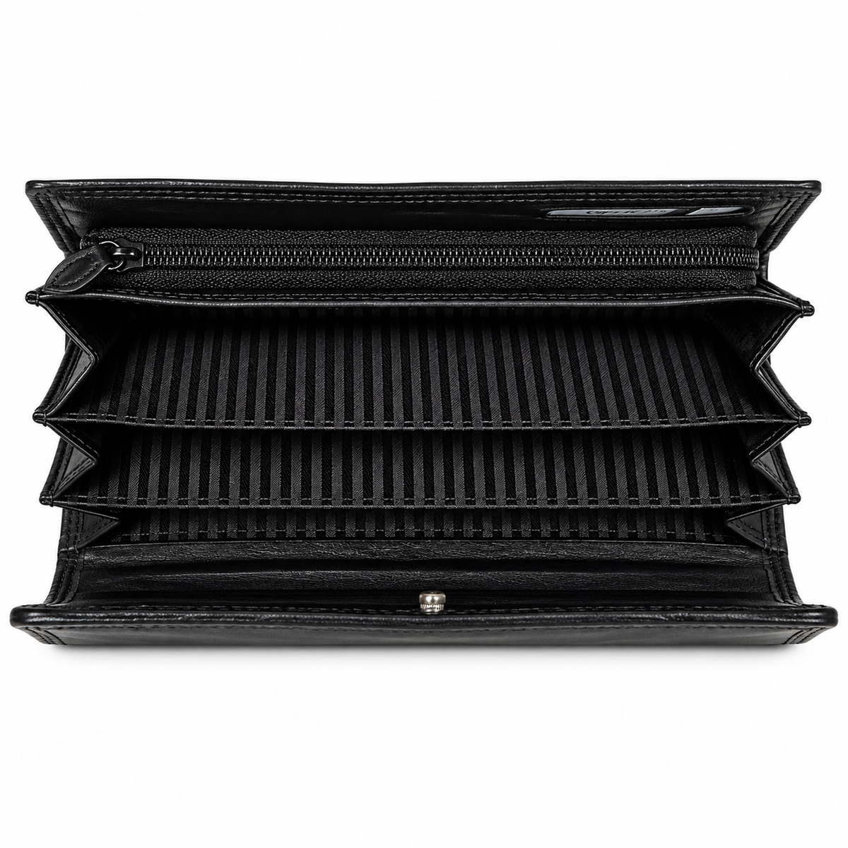 Migant black long leather wallet accordion compartment view