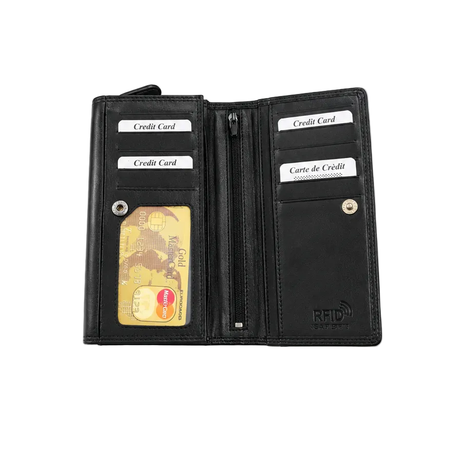 Migant women's black long wallet open with card slots and RFID lining