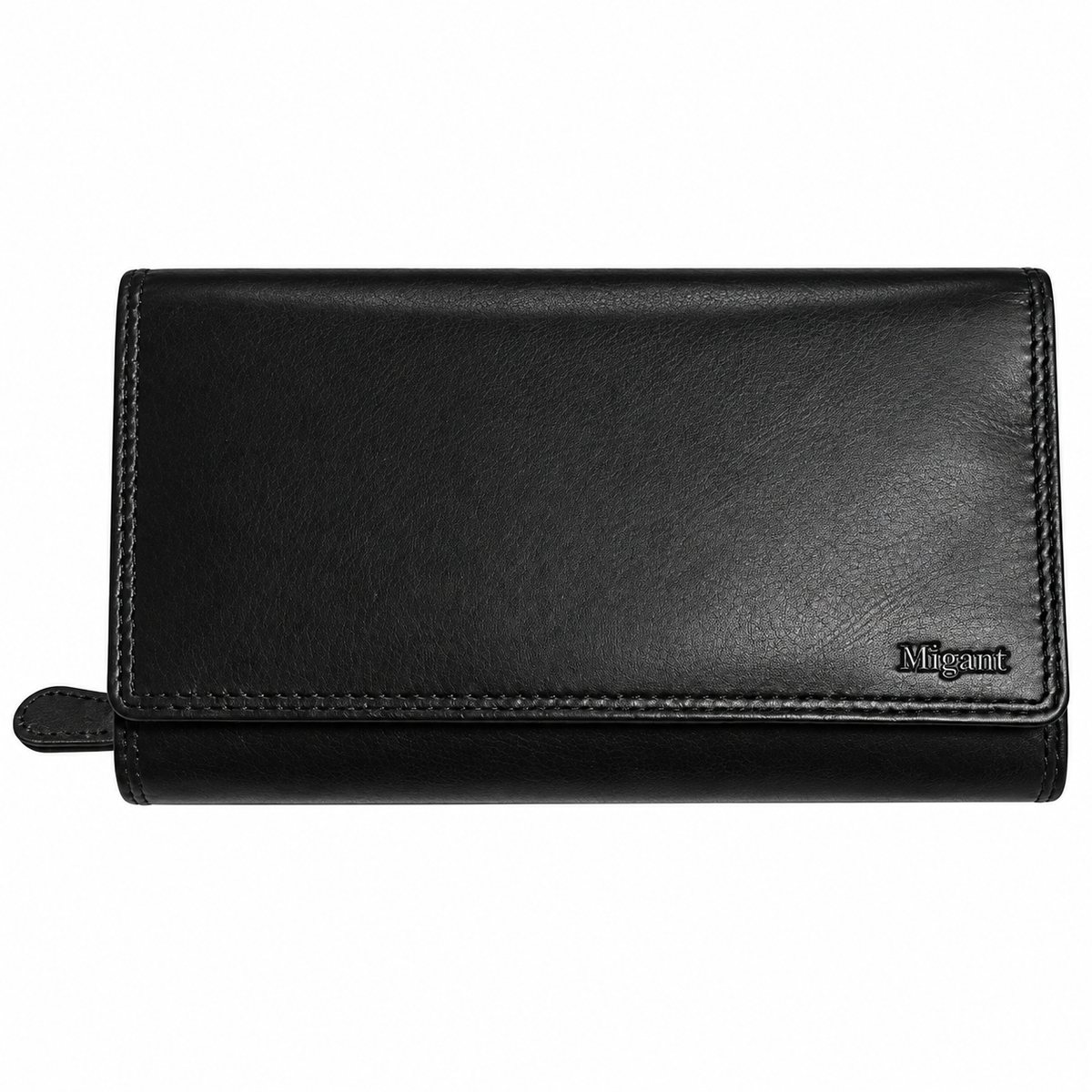 Migant black long leather wallet front view