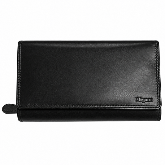 Migant black long leather wallet front view