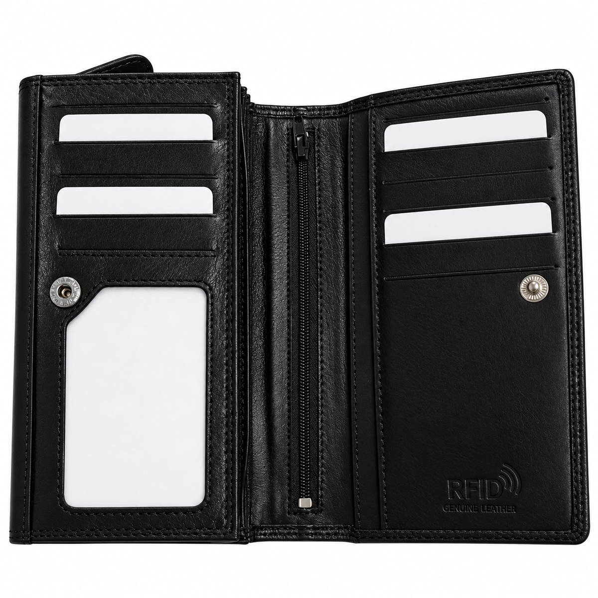 Migant black long leather wallet interior card and zip compartments