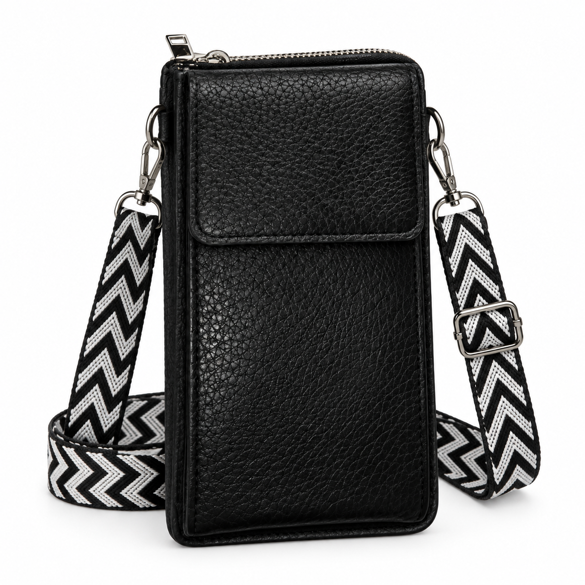 Black pebbled phone crossbody bag with chevron strap, front view