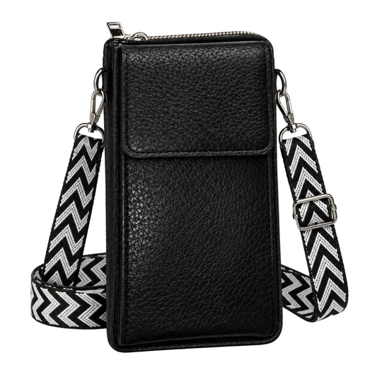 Black pebbled phone crossbody bag with chevron strap, front view