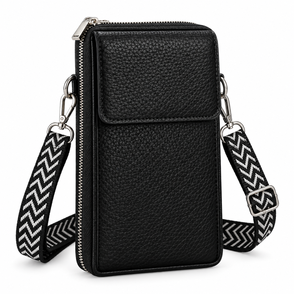Black pebbled phone crossbody bag with chevron strap, three-quarter view