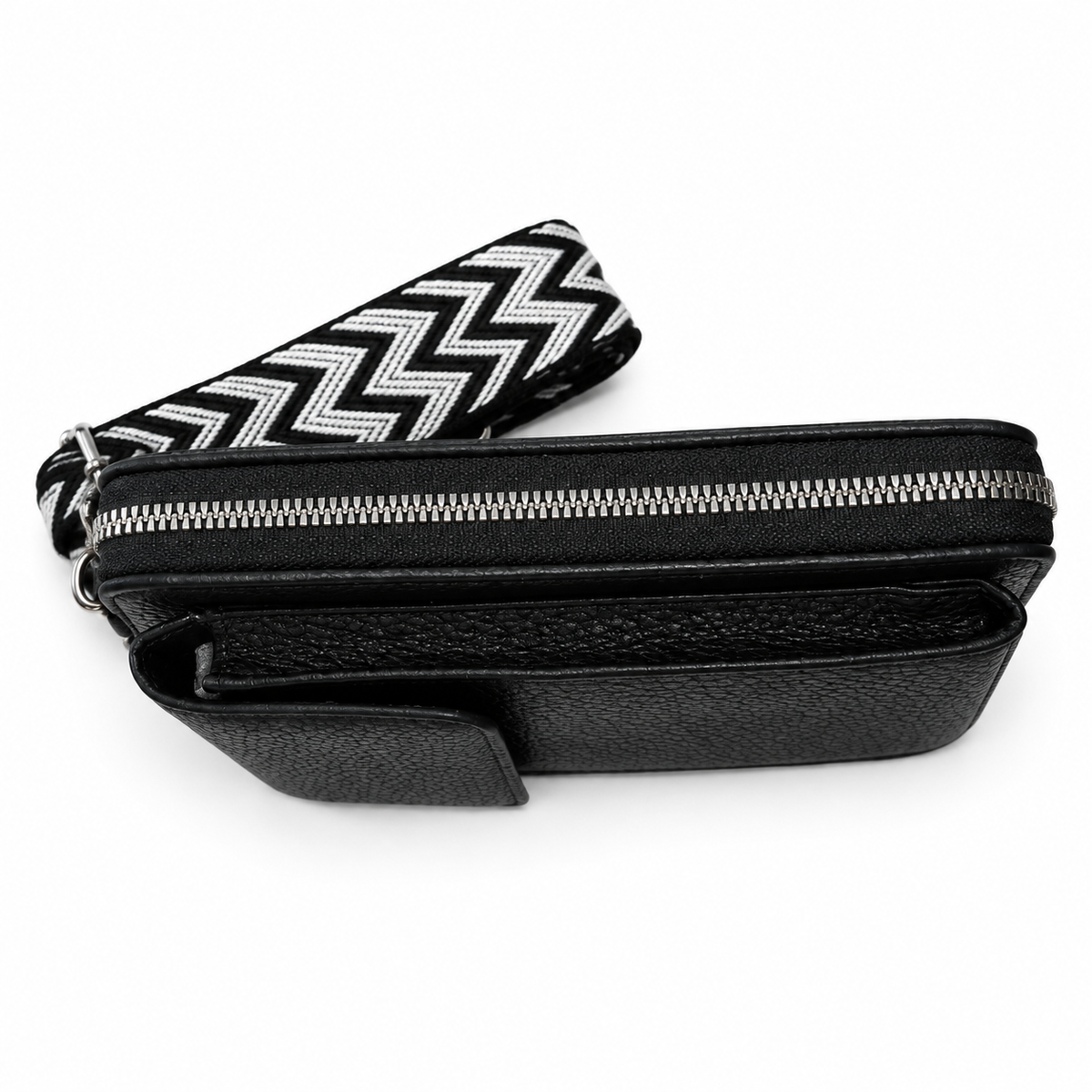 Black pebbled phone crossbody bag with silver zipper, side view