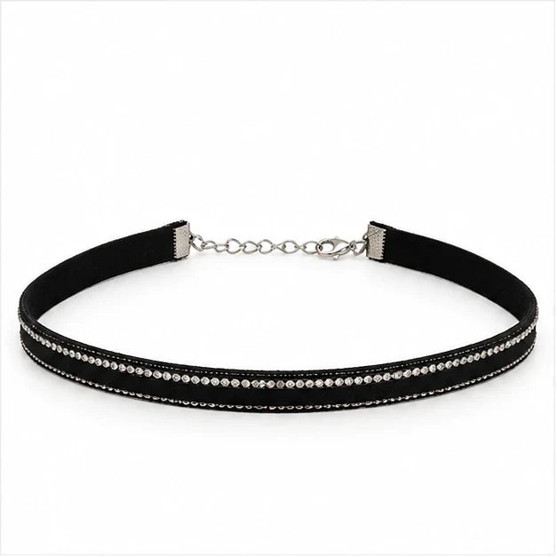 Migant women's black rhinestone choker necklace front view