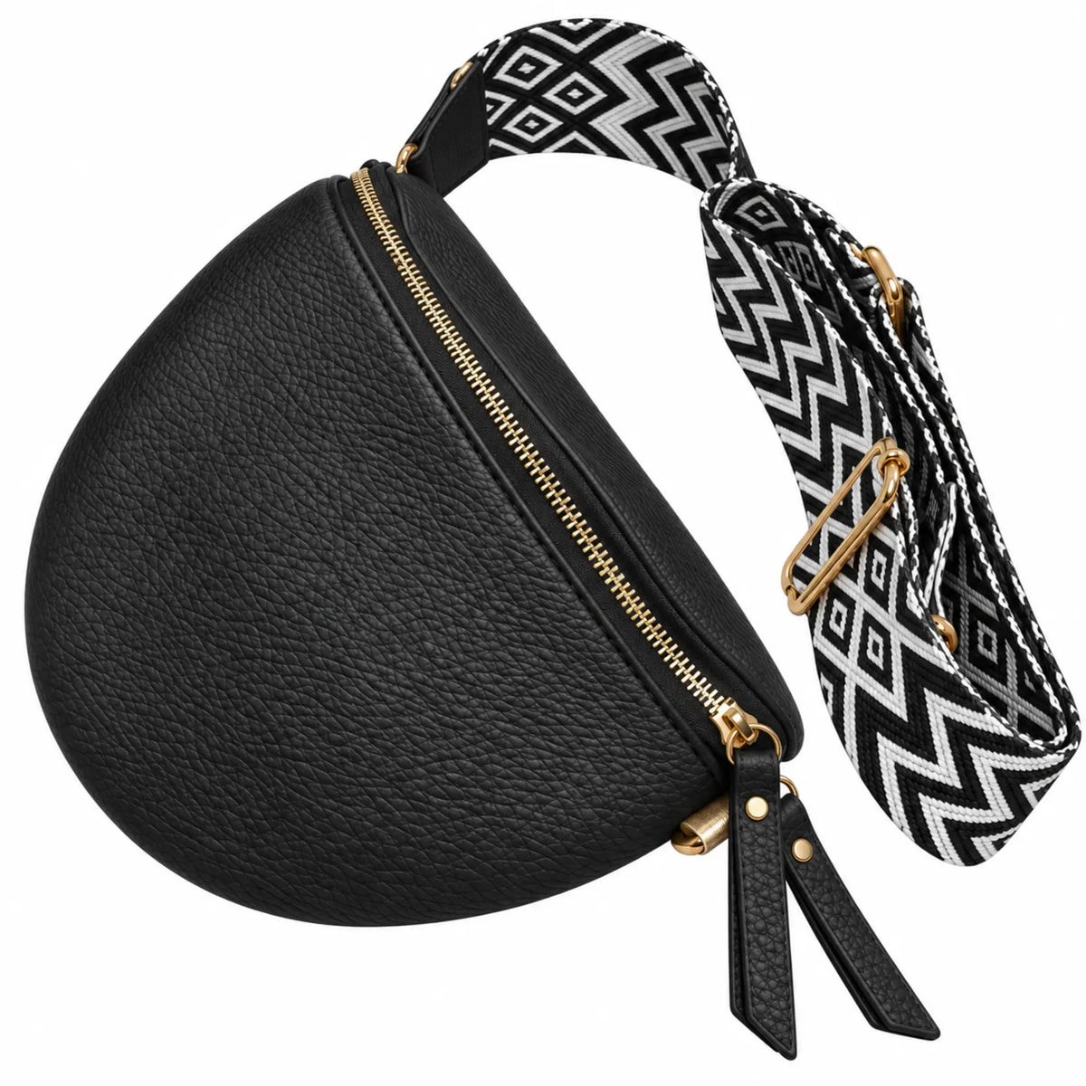 Migant women's black faux leather crescent crossbody bag – angled zipper view