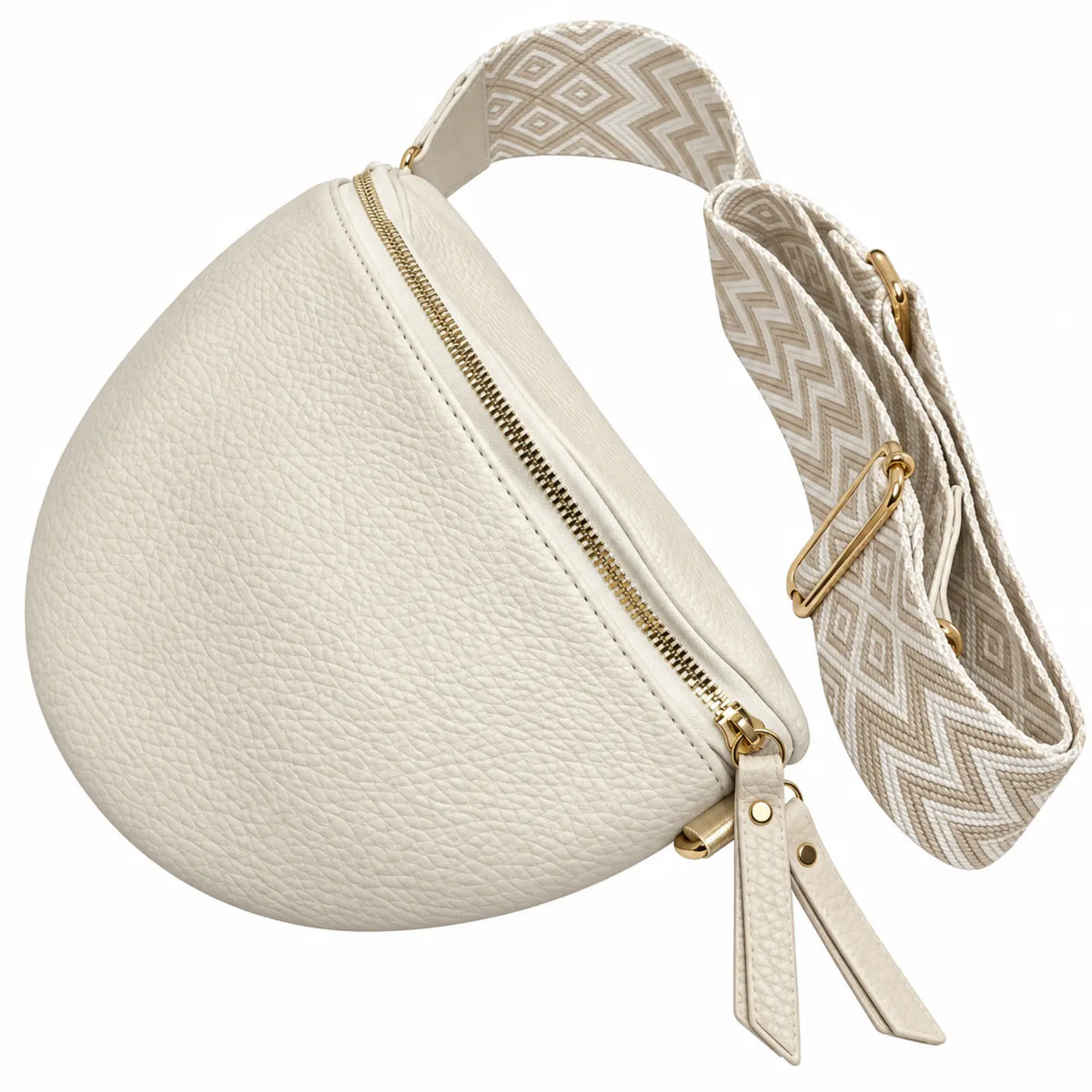 Migant women's ivory faux leather crescent crossbody bag – angled zipper view