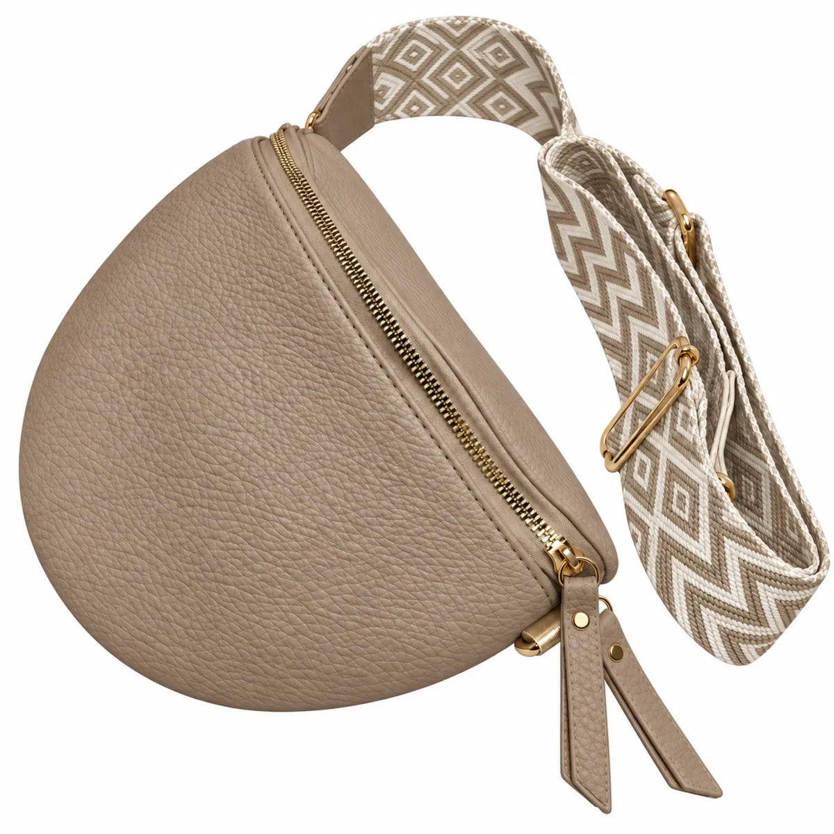 Migant women's taupe faux leather crescent crossbody bag – angled zipper view