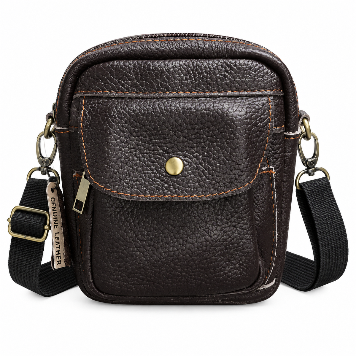 Migant dark brown genuine leather crossbody bag angled view