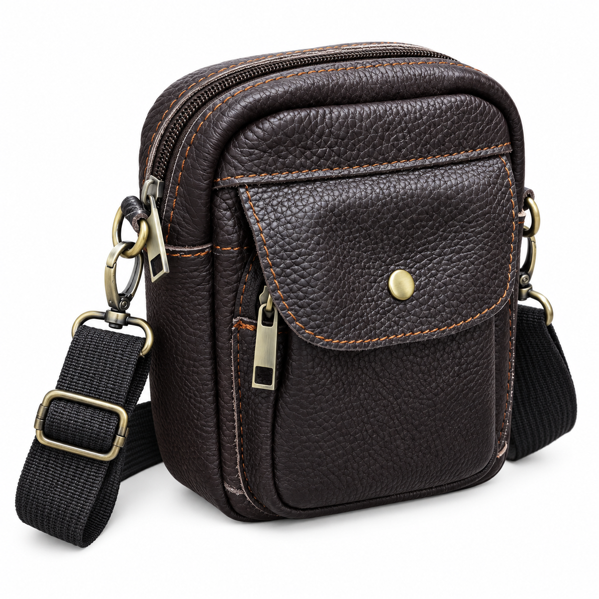Migant dark brown genuine leather crossbody bag front view