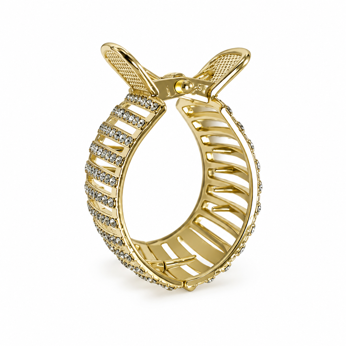 Gold-tone rhinestone cage hair claw clip, open three-quarter view