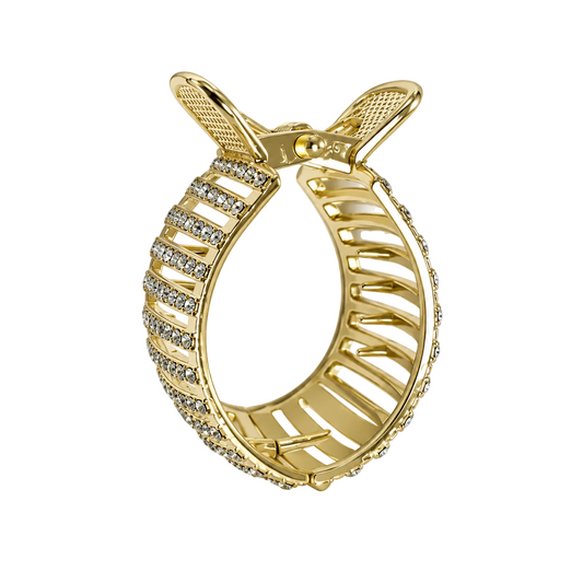 Gold-tone rhinestone cage hair claw clip, open three-quarter view