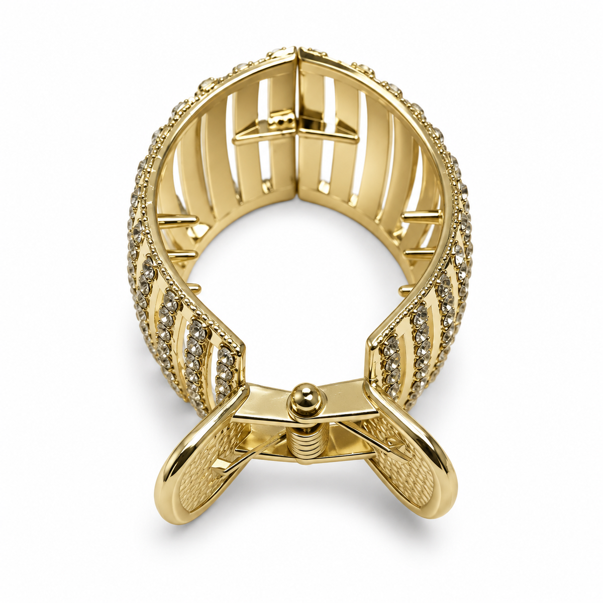 Gold-tone rhinestone cage hair claw clip, rear hinge view