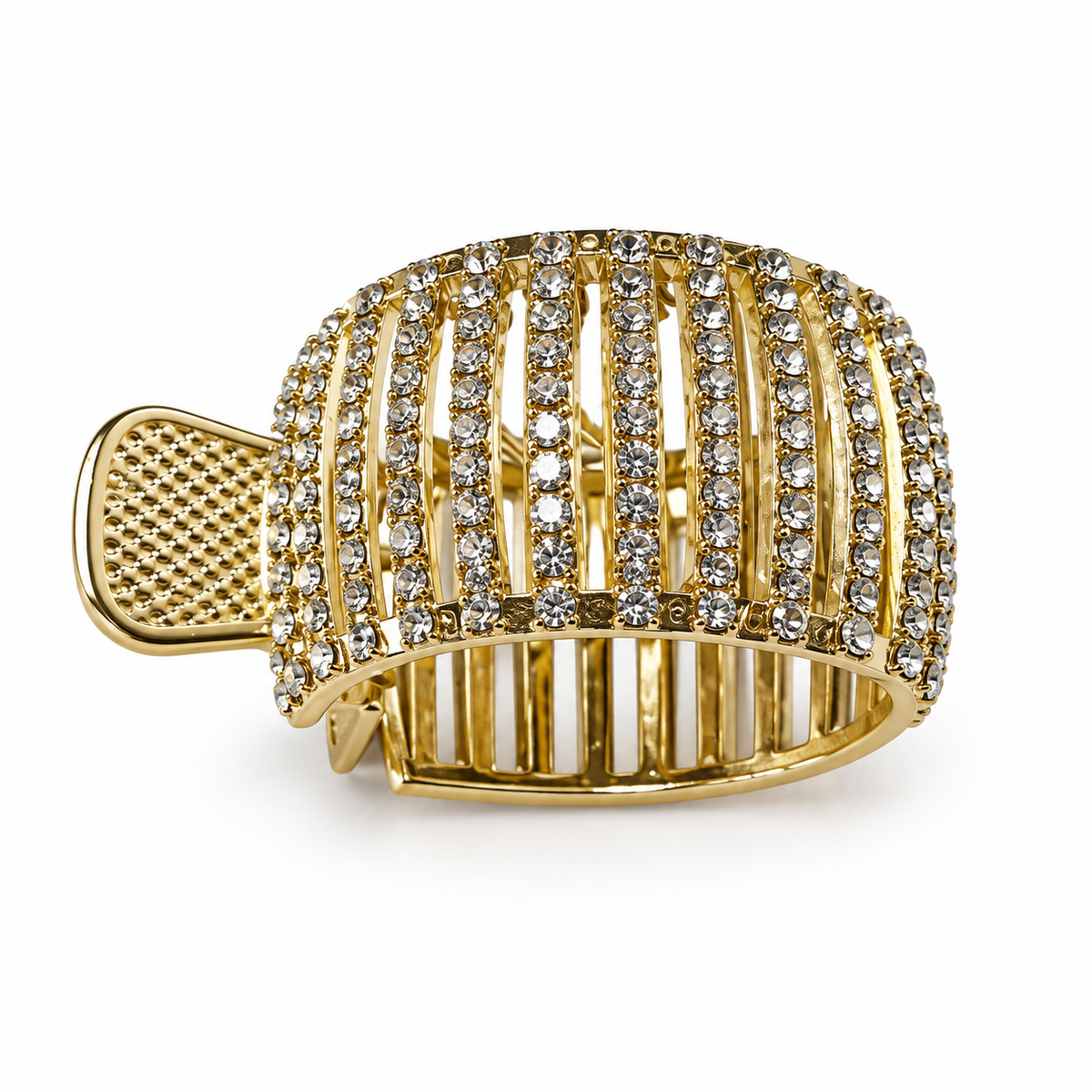 Gold-tone rhinestone cage hair claw clip, decorated side view
