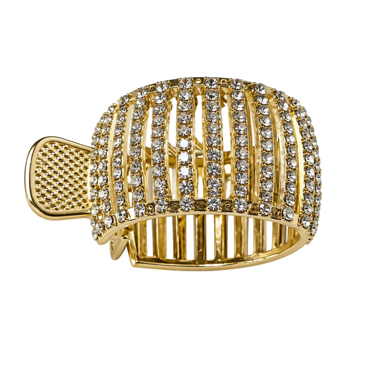 Gold-tone rhinestone cage hair claw clip, decorated side view