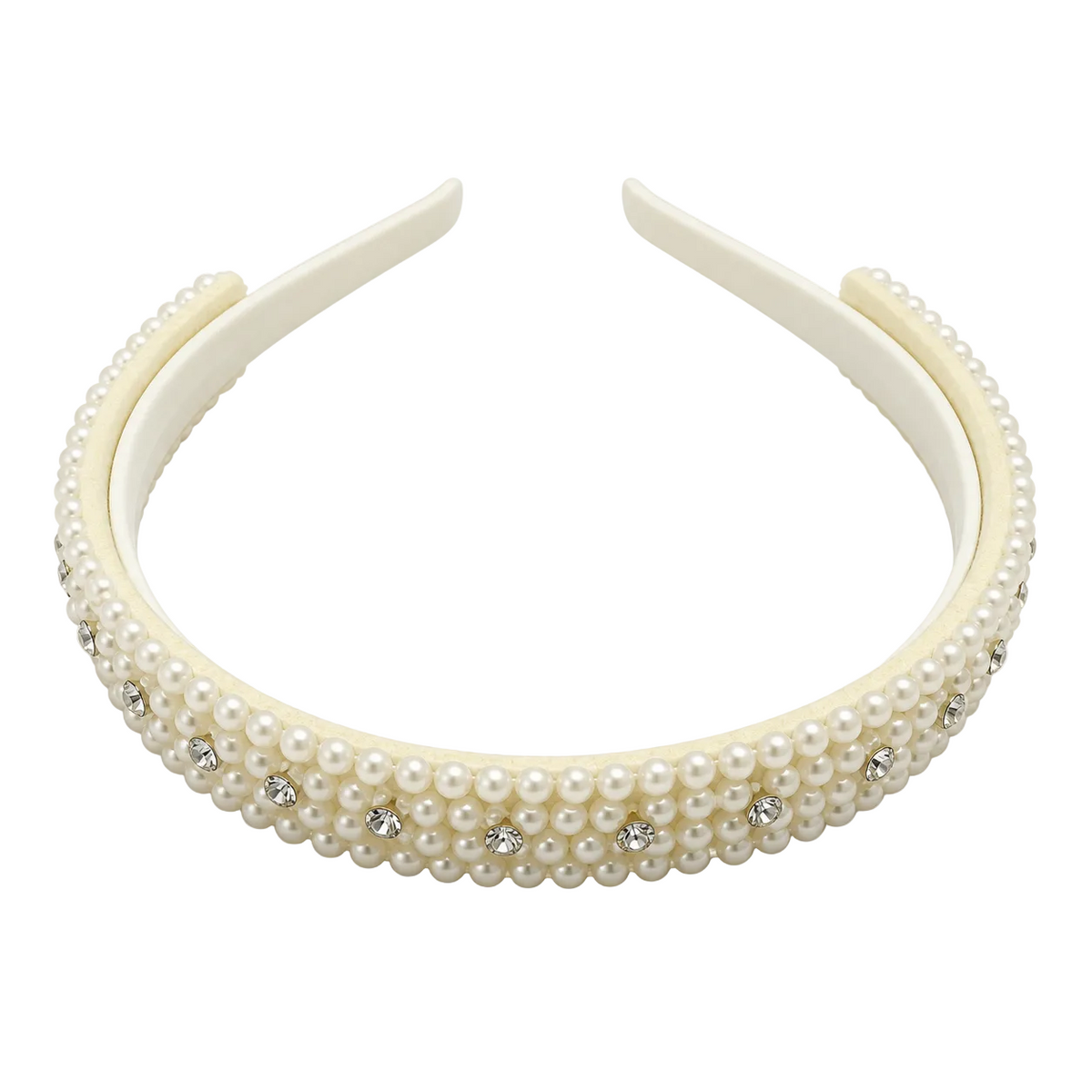 Ivory pearl and crystal headband, front three-quarter view