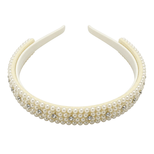 Ivory pearl and crystal headband, front three-quarter view