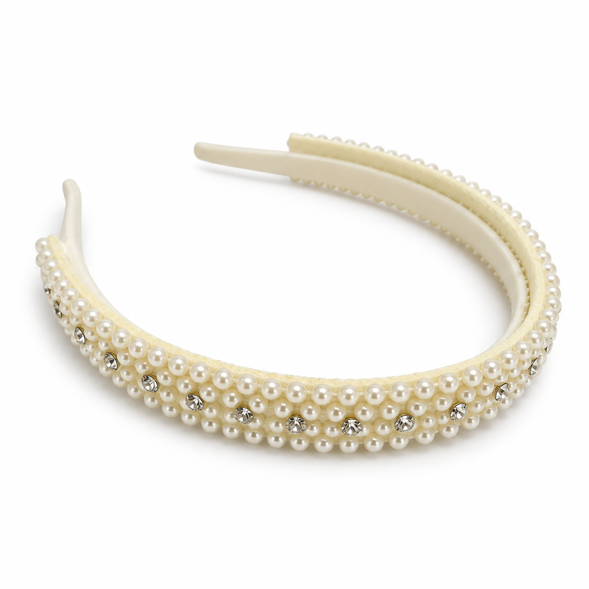 Ivory pearl and crystal headband, detailed side view