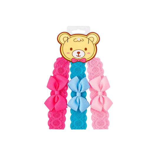 Migant kids lace bear headband set of 3 in fuchsia, blue and pink