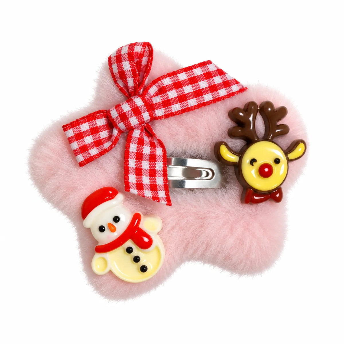 Migant Kids pink fluffy Christmas hair clip with reindeer, snowman and gingham bow – front view