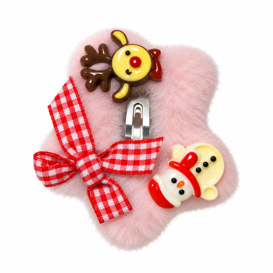 Migant Kids pink fluffy Christmas hair clip with reindeer, snowman and gingham bow – front view