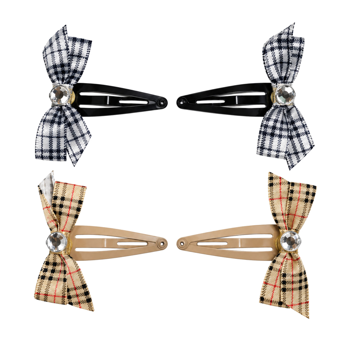 Migant Kids four-piece plaid bow snap hair clip set with two black and white clips and two beige clips