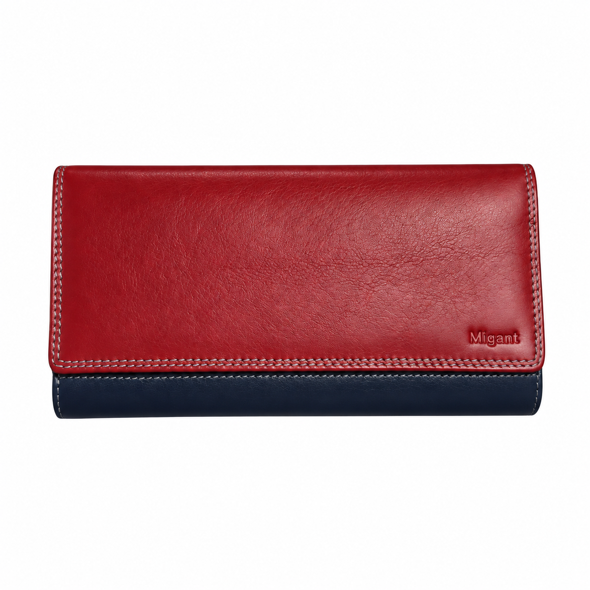 Migant genuine leather long wallet in Red and Navy - front view