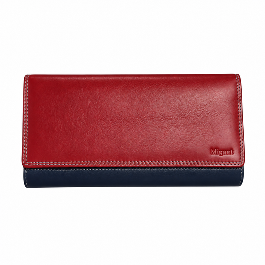 Migant genuine leather long wallet in Red and Navy - front view